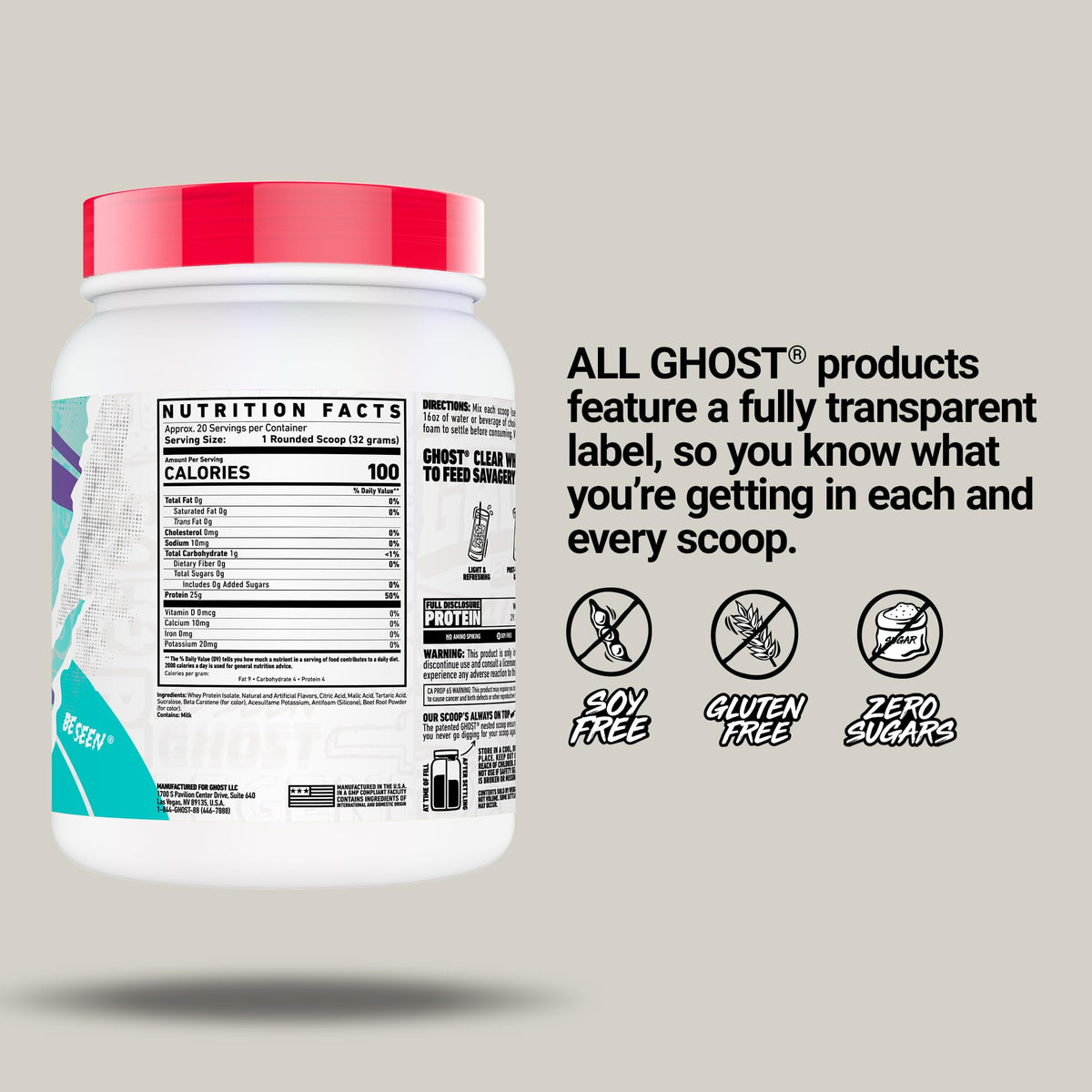 GHOST Clear Whey Isolate Protein Powder, Blue Raspberry - 1.4 LB Tub, 25G of Whey Protein - Post Workout Drink for Muscle Gain & Recovery – Sugar Free, Soy Free & Zero Fat, 20 Servings