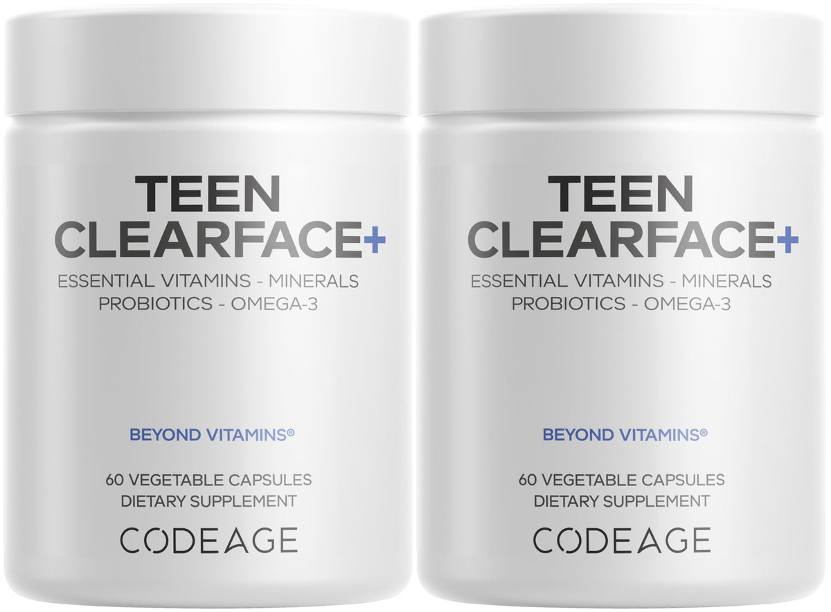Codeage Teen Clearface Adolescent Face, Skin & Pimples, Vitamins A, C, D3, E, Pantothenic Acid, Niacin, Zinc Supplement Teenagers, Probiotics, L-Lysine, Omega-3, Oily Skin, Pores, Spots - 60 Capsules