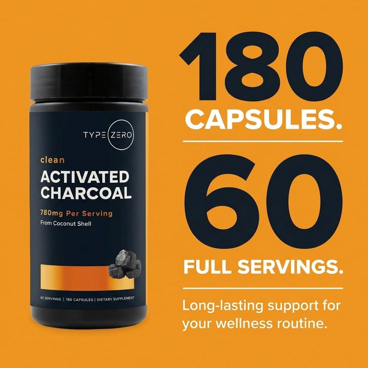 Type Zero Activated Charcoal (780mg) 180 Capsules, 60 Servings, Gluten-Free | From Coconut Shell, GMO-Free