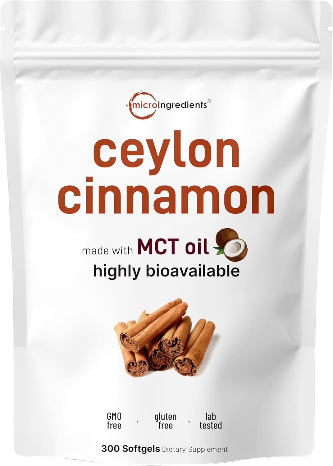 Micro Ingredients Ceylon Cinnamon, 300 Softgels | Cinnamon Supplements with MCT Oil | Non-GMO, Gluten Free | True Ceylon Cinnamon Supplements for Men & Women. Energy & Antioxidant Support*. Non-GMO, Gluten Free