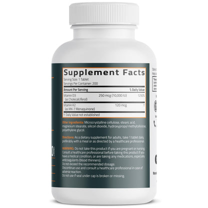 Bronson Vitamin K2 (MK7) with D3 Supplement Extra Strength 2 in 1 Support, 10,000 IU Vitamin D3 & 120 mcg K2 MK-7, 120 Tablets