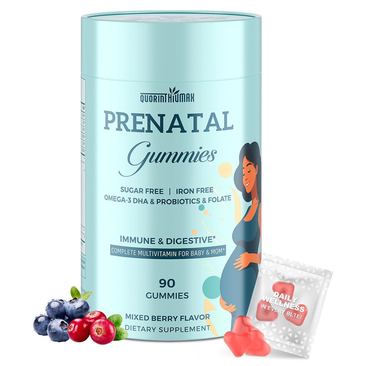 Quorinthiumax Prenatal Gummies Sugar Free 180 Count - Organics Prenatal Vitamins for Women with Folate, DHA & Probiotics - Iron Free Prenatal Vitamin Gummies for Immune & Digestive - 2 Bottles