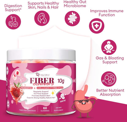 Migcopat 10G Fiber Gummies with Collagen Peptides, Hyaluronic Acid, Vitamin C, ACV, 30 Billion CFU Probiotics – Sugar Free Collagen Gummy for Skin, Hair & Nails – Digestive Health Support – 60 Cts
