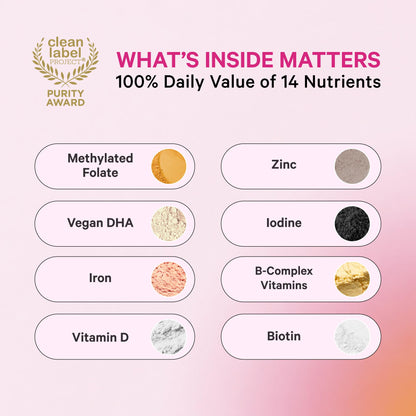 Pink Stork Total Prenatal Vitamins for Women, Clean Label, 60 Count, Mint | Vegan DHA, Methylfolate, Iron, Choline, Vitamin B12 - Preconception Nutrition - No Fishy Burps - Pregnancy Essentials