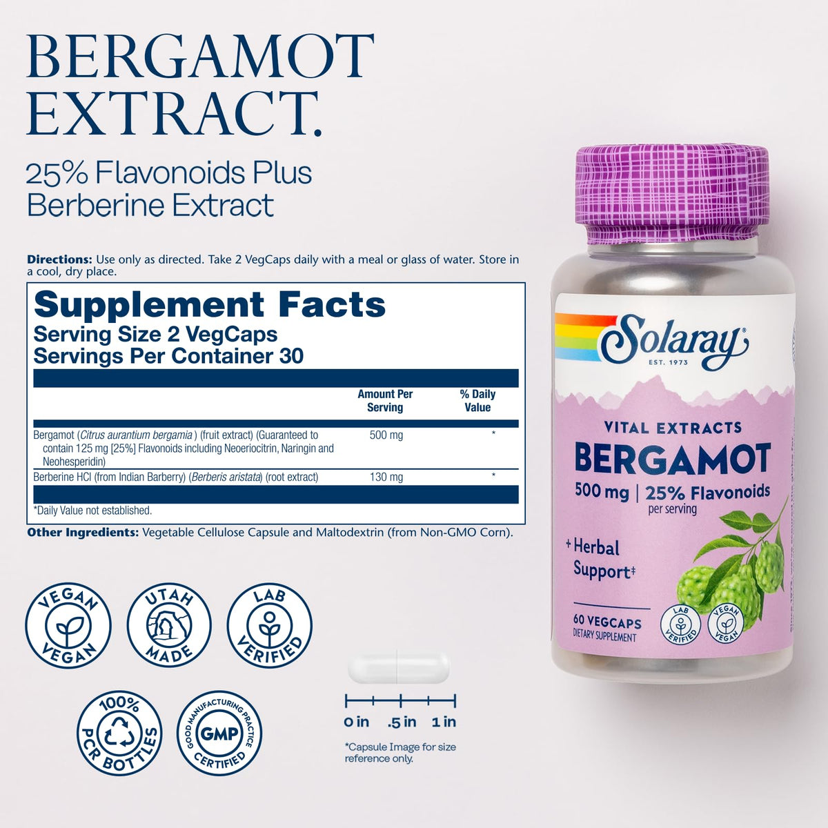 SOLARAY Bergamot 500 mg - Citrus Bergamot Supplement for an Active Lifestyle - Standardized to 25% Flavonoids - with Berberine HCl from Indian Barberry - Vegan, 60-Day Guarantee, 30 Serv, 60 VegCaps