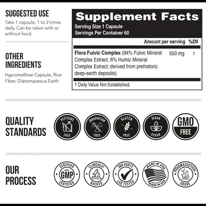 Flora Fulvic | Fulvic Acid + Humic Acid Complex – 550 mg |Mined in Utah, Prehistoric Deep Earth Extract | Immunity, Gut, Digestion – Natural Trace Mineral Complex