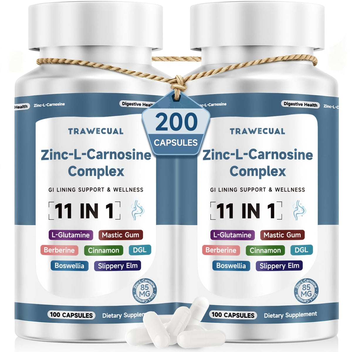 Zinc L Carnosine Complex 85mg, 11-in-1 Digestive & Gut Health Support | Soothing Herbal Extract Blend, L-Glutamine & Mastic Gum, 100 Capsules, Non-GMO, Vegan Supplement