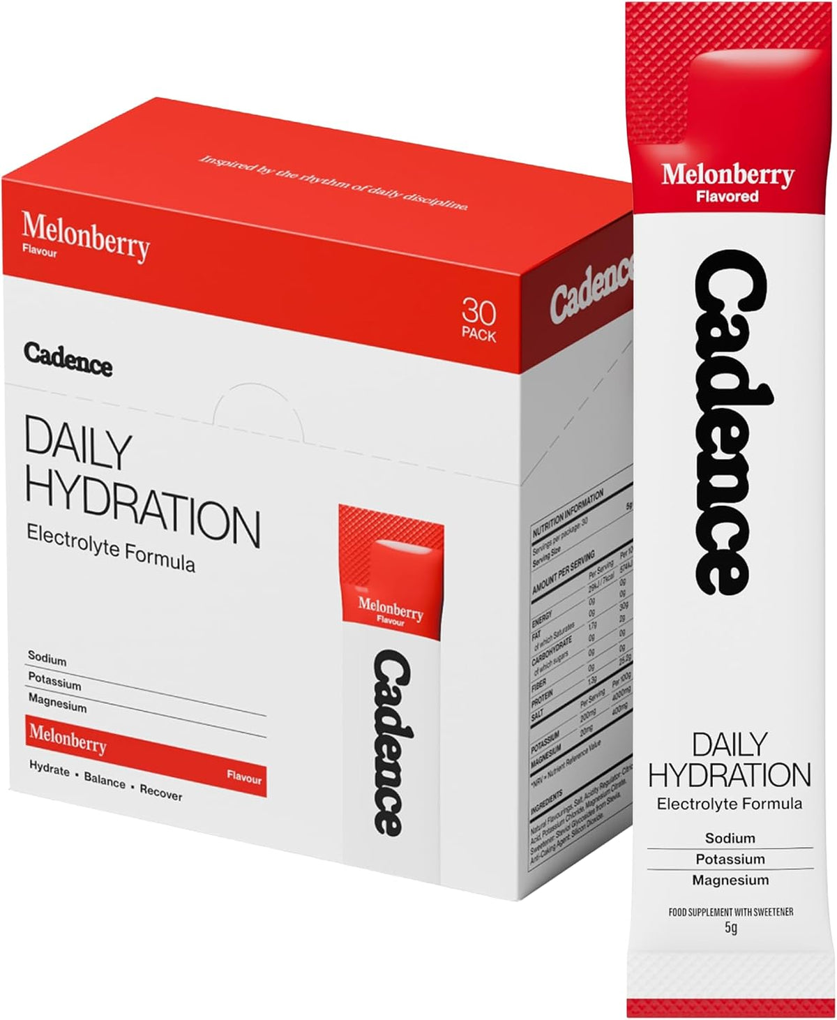 Cadence Sachets Core Melonberry - Carton (5g x 30) Science-Backed Hydration | Electrolyte Formula + Caffeine | Vegan, Keto & Paleo Friendly | Sodium, Potassium & Magnesium for Performance & Recovery