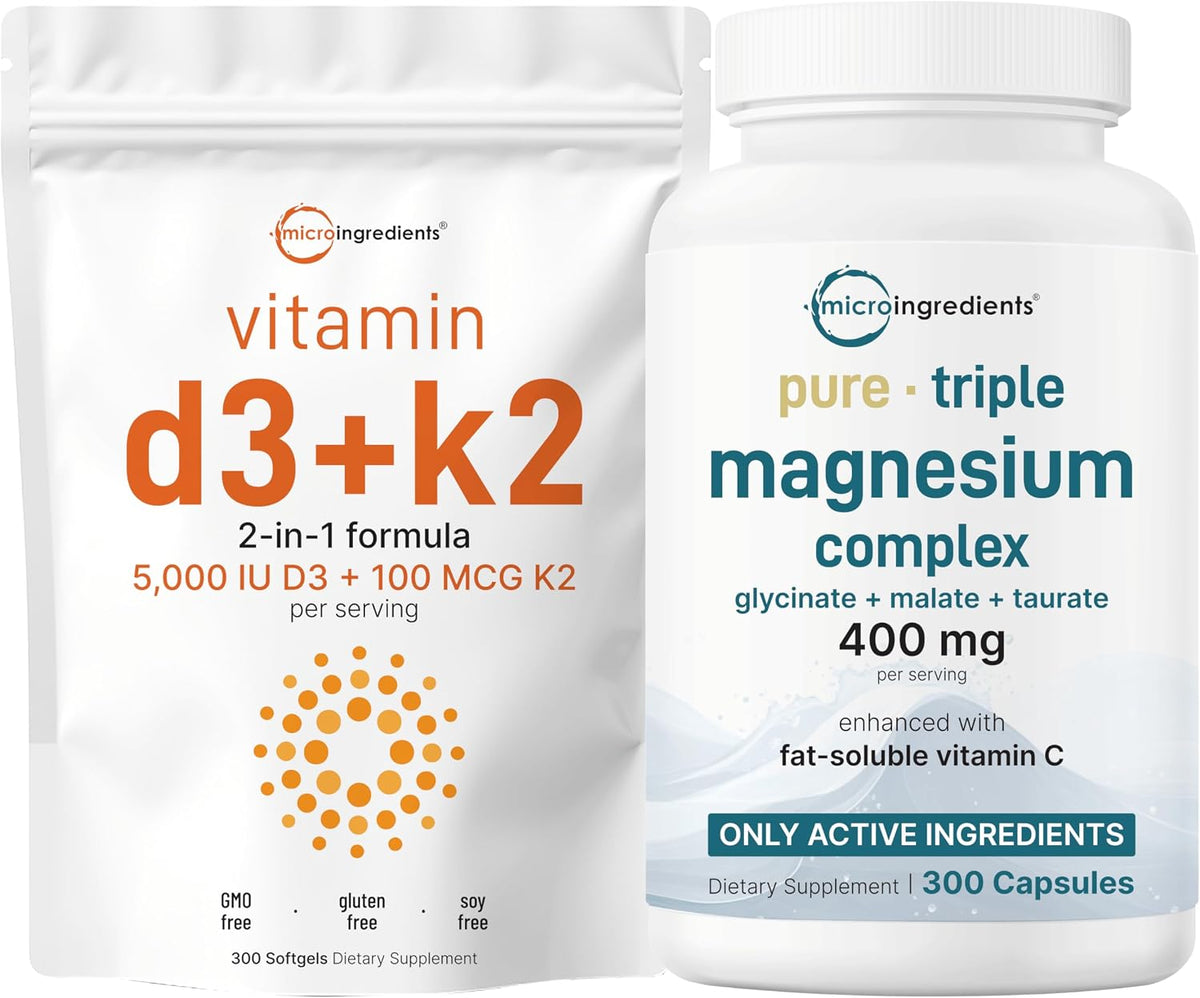 Micro Ingredients Vitamin D3 5,000iu + K2 100mcg Softgels & Pure Triple Magnesium Complex 400mg Capsules | 2 Pack Bundle | Essential D & K Sunshine Vitamins | Glycinate, Malate, & Taurate Forms
