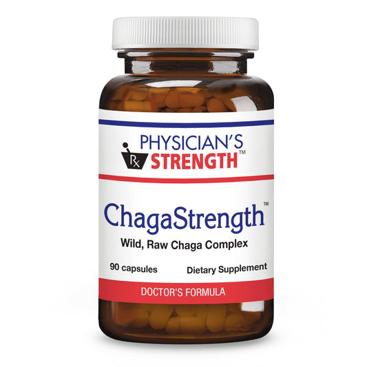Bottle of Physician's Strength ChagaStrength dietary supplement on a white background