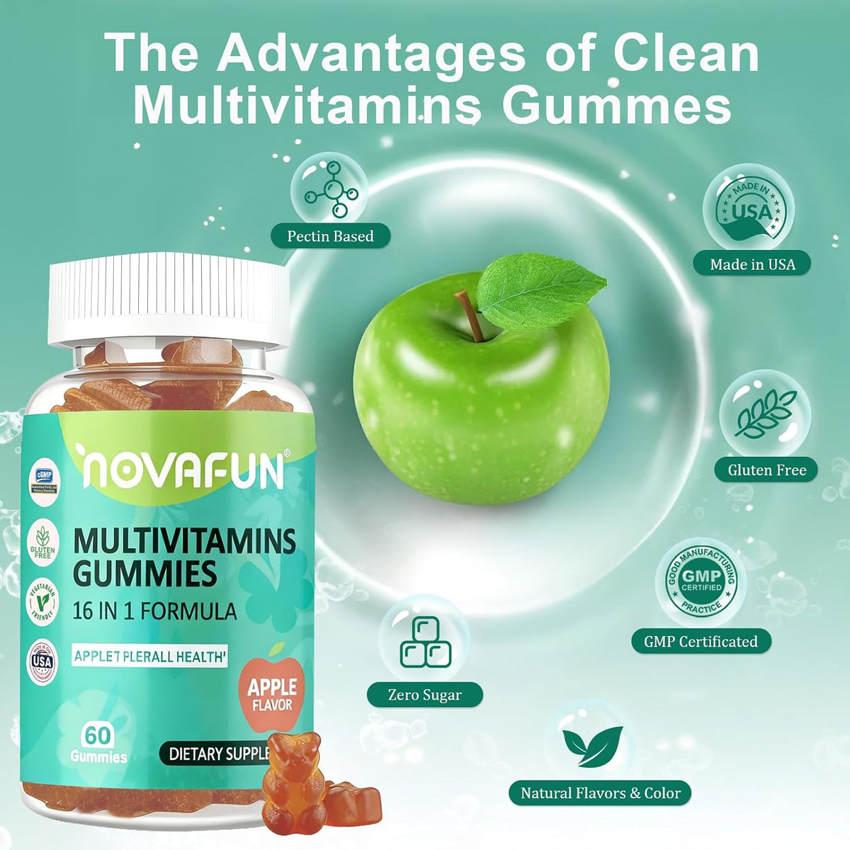 Multivitamin Gummies,16-in-1 Multi Vitamin Supplements for Women, Men & Kids, Essential Vitamins & Minerals for Overall Health, Vegan, Sugar-Free, 60 Count