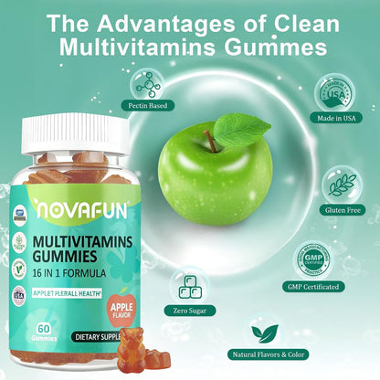 Multivitamin Gummies,16-in-1 Multi Vitamin Supplements for Women, Men & Kids, Essential Vitamins & Minerals for Overall Health, Vegan, Sugar-Free, 60 Count