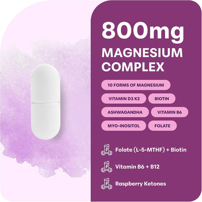Micro Ingredients Magnesium Complex for Women, 240 Veggie Capsules | 20-in-1 with Glycinate, Citrate & More + D3, K2, Methylated B Complex, Biotin, Inositol & Ashwagandha. Filler Free, Non-GMO.