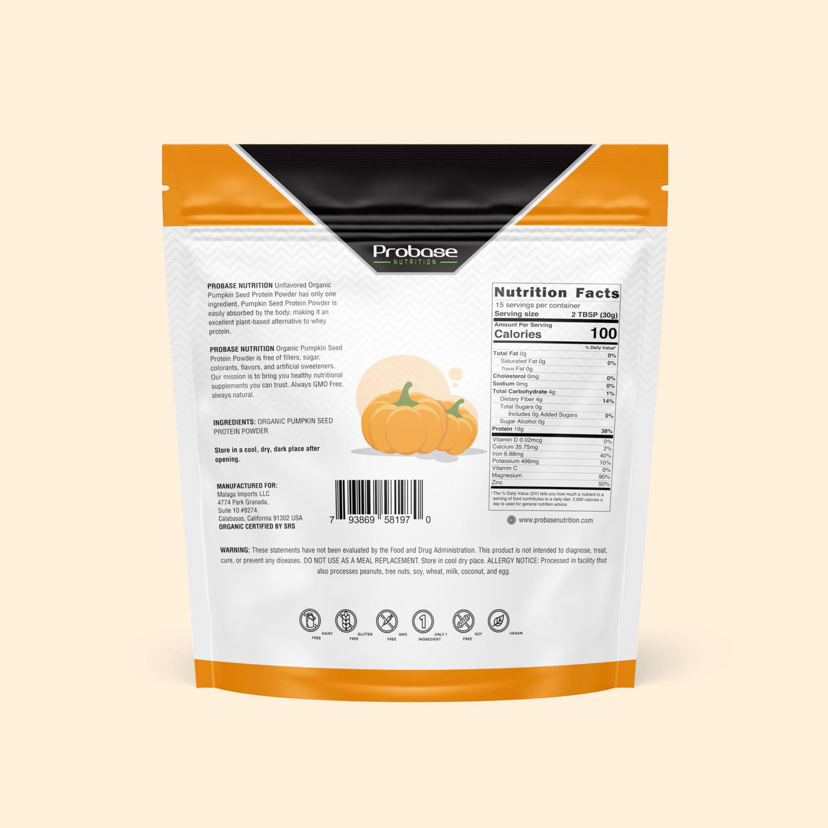 Probase Nutrition, Pumpkin Seed Protein Powder, Unsweetened Plant-Based Pumpkin Protein Powder, Ideal for Post-Activity Support, Pumpkin Powder is Rich in Omega 3, 6, 9 | 1 lb, Cold Pressed | 19 Grams Plant Based Protein, Without Artificial Sweeteners, No