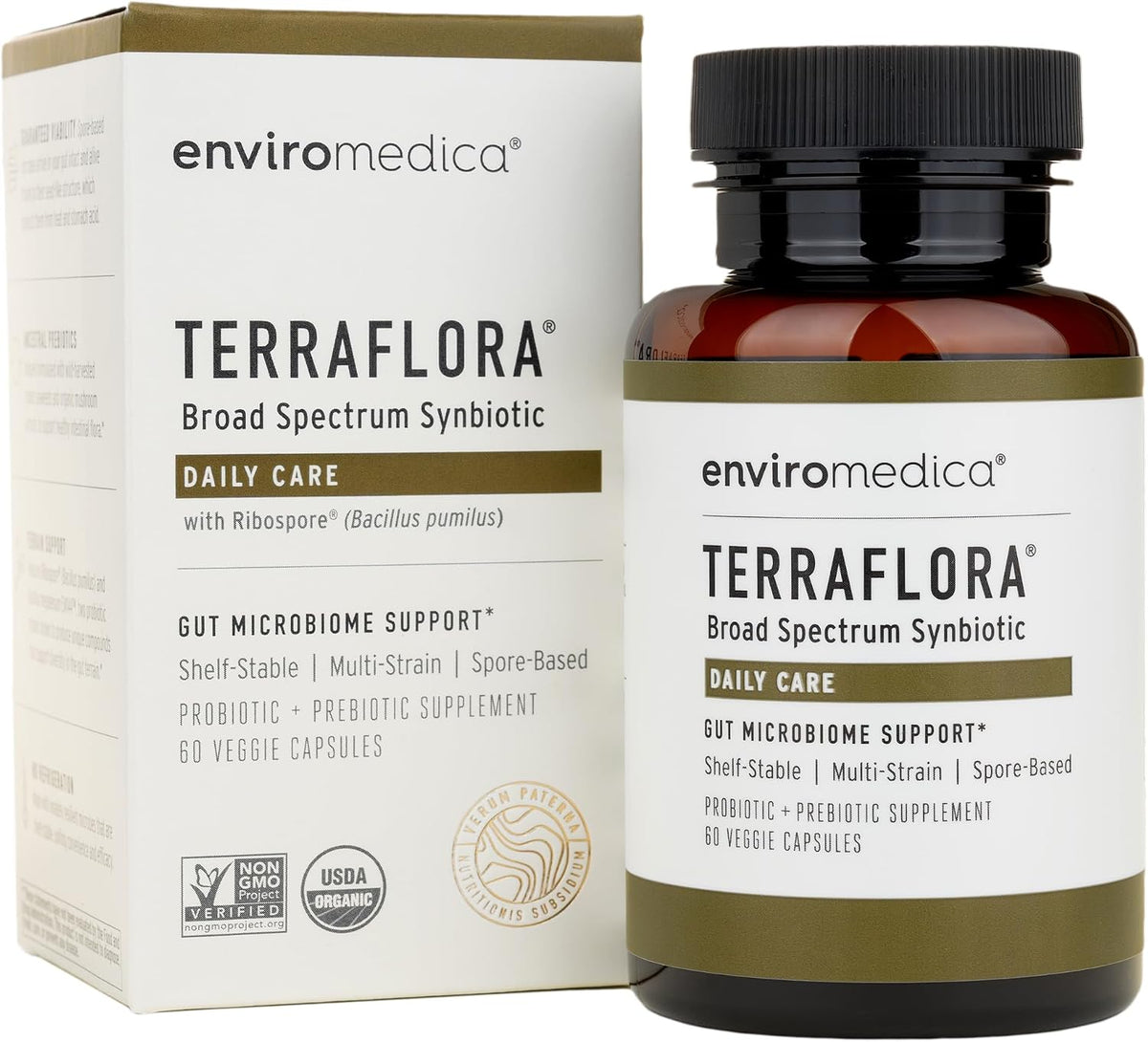 Terraflora Daily Care Synbiotic, Spore Probiotic & Prebiotic, 60 Ct | Soil-based, shelf-stable, allergen-friendly spore probiotics & prebiotics for daily gut health. 60 caps.