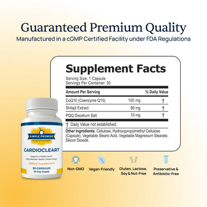 Simple Promise CardioClear7 CoQ10 with PQQ and Shilajit Supplement - Daily Heart Health, Circulation and Cellular Energy Support - Gluten Free, Non-GMO, cGMP Certified - Once Daily, 30 Capsules