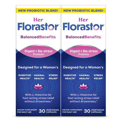 Florastor Probiotics for Women, Digest and De-Stress, Probiotics for Digestive Health, Vaginal Probiotic, and L-Theanine for Mind and Body Wellness, 60 Capsules