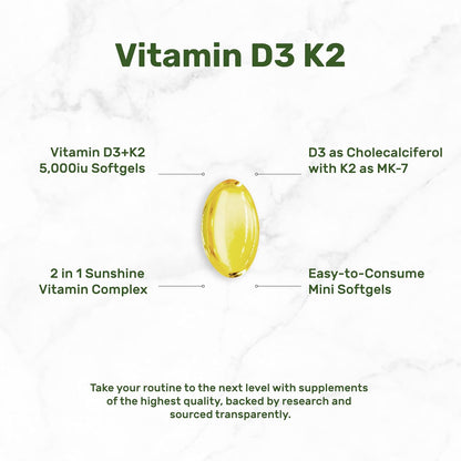 DEAL SUPPLEMENT Vitamin D3 5,000 IU + K2 MK7 Softgels, 250 Count | 2-in-1 Complex | Easy to Swallow