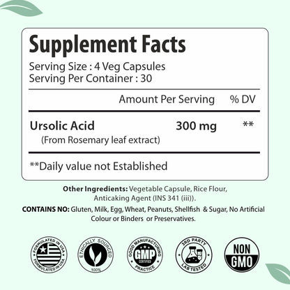 Ursolic Acid Supplement 300mg, 120 Vegan Capsules | Natural Rosemary Leaf Extract, 1 Month Supply, Non-GMO & Gluten Free Ursolic Acid Capsules for Men and Women