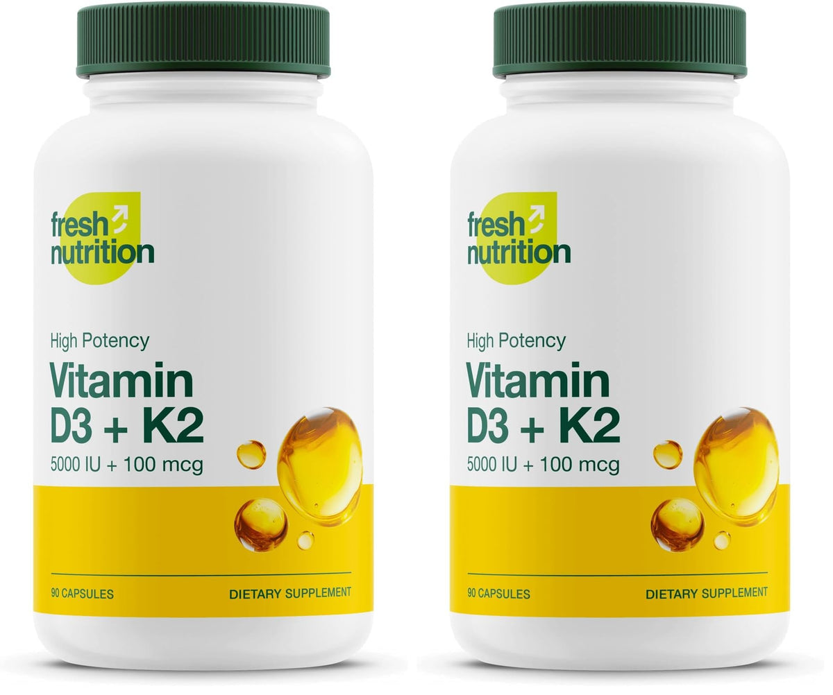 Fresh Nutrition Vegan Vitamin D3 + K2 Capsules - 5000 IU D3 + 100mcg K2 as MK-7 for Optimal Absorption - Immune Health, Bone Health, Mood - Non GMO - 90 Capsules, 3 Month Supply
