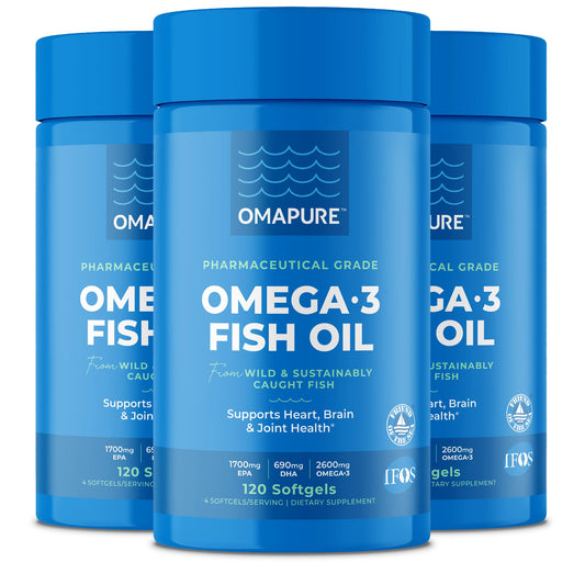 OMAPURE Fish Oil Omega 3 Supplements - Triple Strength - High EPA, DHA - IFOS Lab Tested - Supports Heart & Brain Health - Burpless Capsules - Wild Caught - (3 Bottles - 120 Softgels Per Bottle)