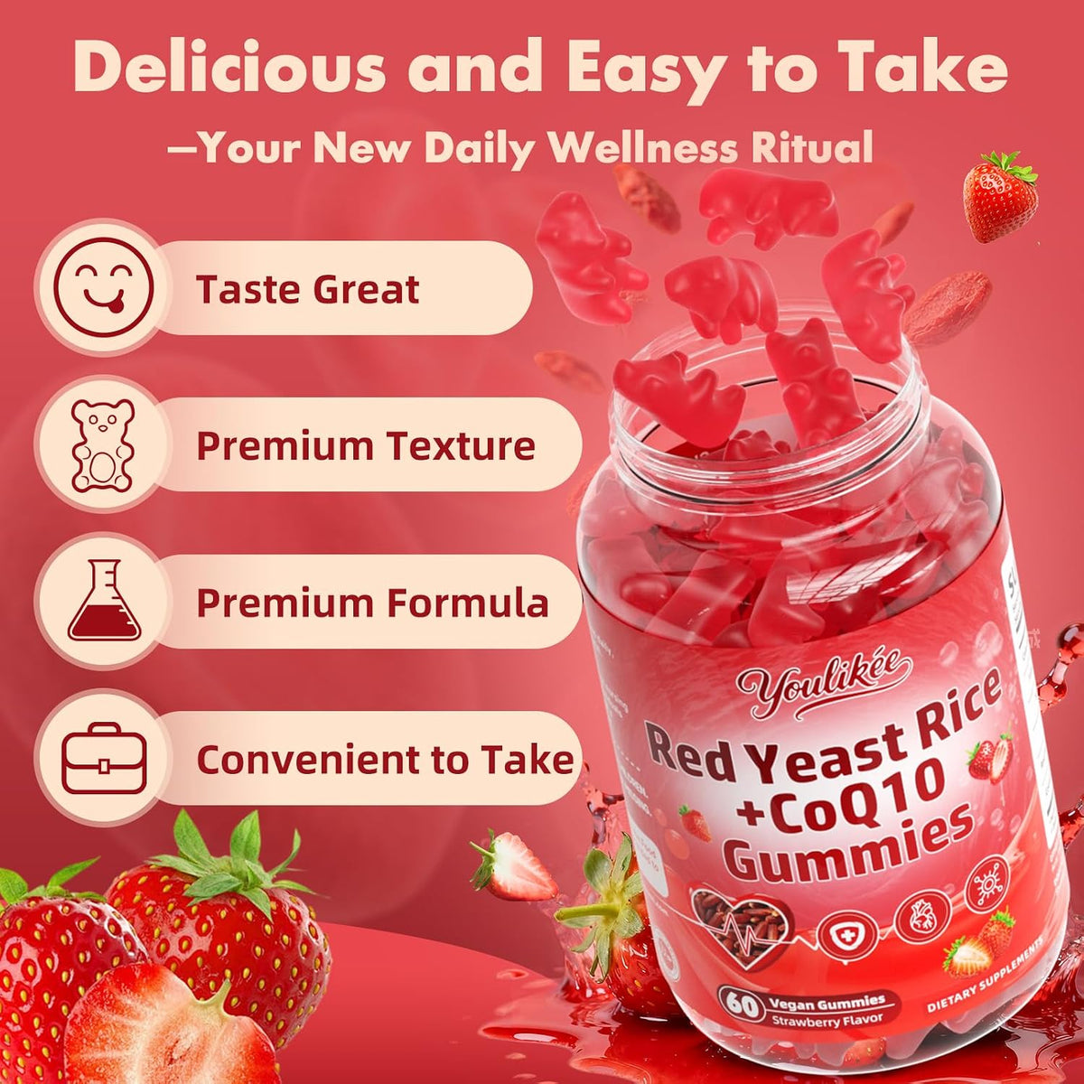 Red Yeast Rice Gummies 1200mg with CoQ10 100mg, Red Yeast Rice Supplement | Supports Cellular Energy Production and Natural Antioxidant Defense, Vegan, Gluten-Free, Strawberry Flavor, 60 Count
