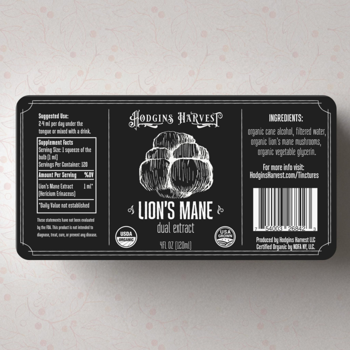 Hodgins Harvest Organic Lion's Mane Fruiting Body Extract Tincture - Mushroom Supplement for Brain Health and Mental Focus - Dual Extract Formula - Extra Concentrated - 4 fl oz Bottle
