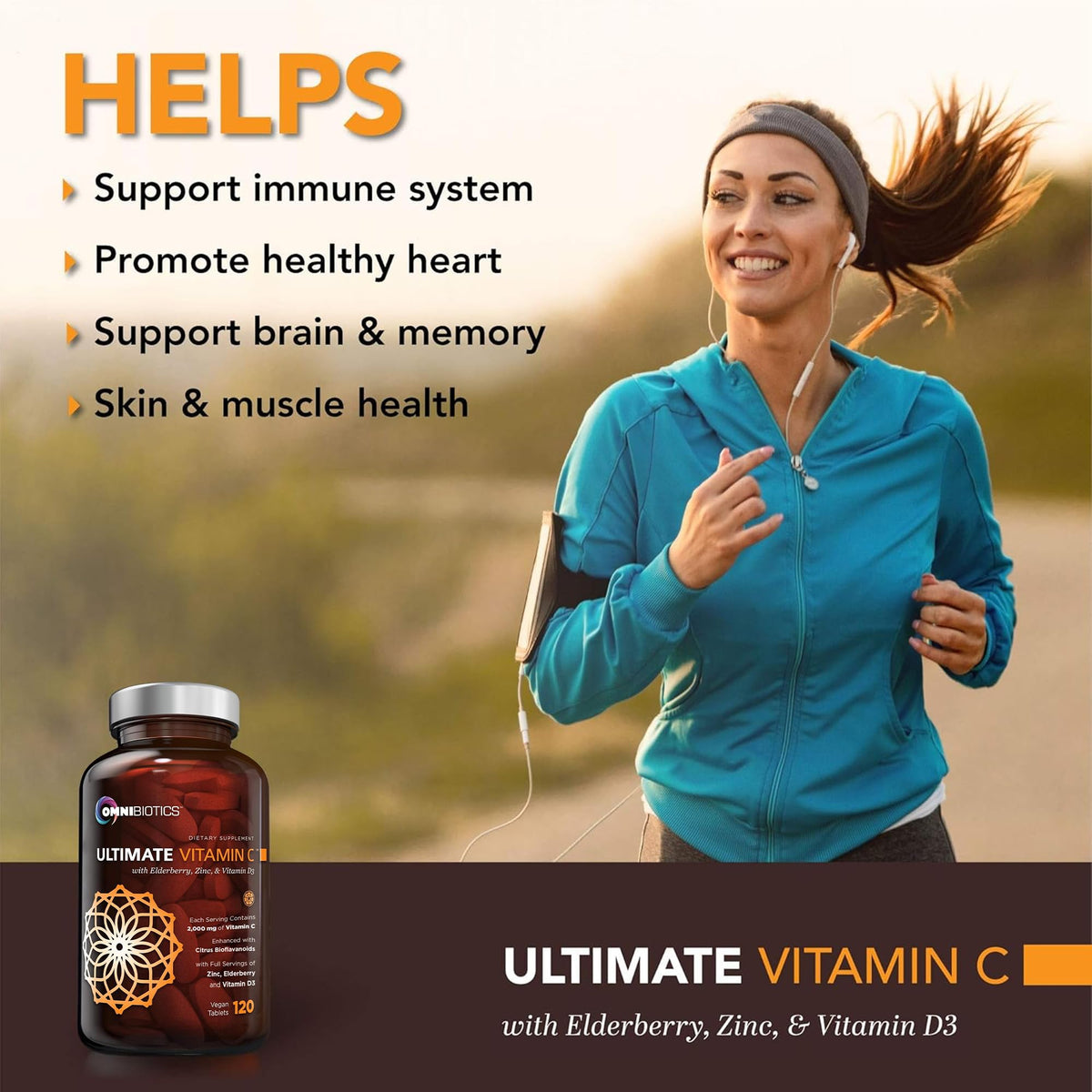 OmniBiotics Ultimate Vitamin C Supplement 2000mg – with Zinc, Elderberry Extract, and D3 – High Potency Immune Support & Collagen Booster – 120 Vegan Tablets