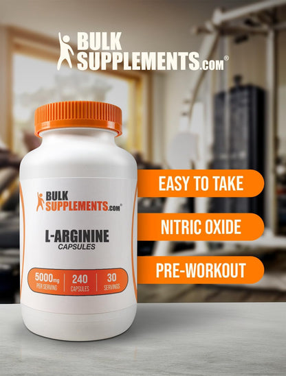 BulkSupplements.com L-Arginine Capsules - Arginine Supplement, Nitric Oxide Supplement - Gluten Free, 8 Capsules per Serving (5000mg), 240 Count (Pack of 1)