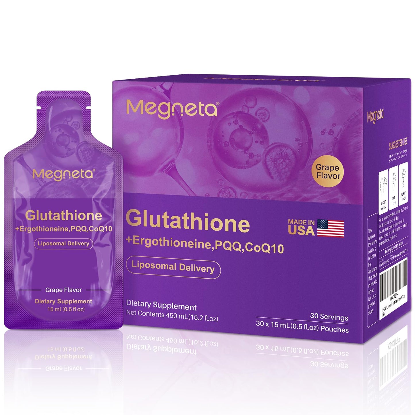 MEGNETA Liposomal Glutathione Supplement – 500mg Glutathione with PQQ, CoQ10 & Vitamin C – High Absorption Antioxidant for Immune & Energy Support – Grape Flavor, 30 Pouch