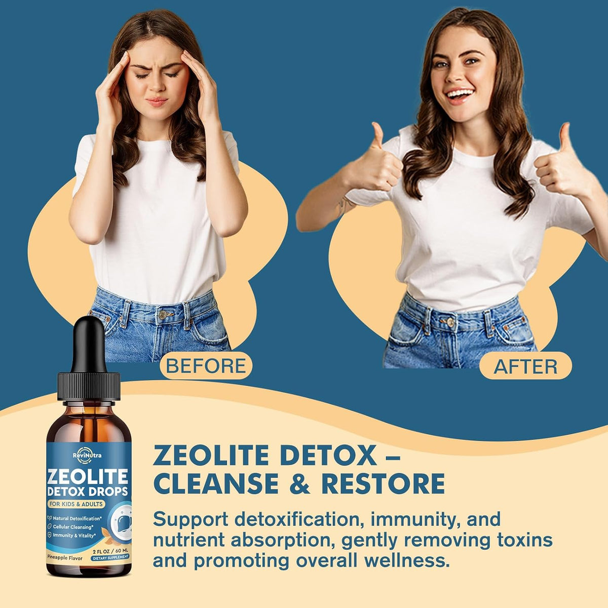 Zeolite Detox for Kids and Adults, Zeolite Clinoptilolite Liquid Drops with Chlorella, Magnesium, Zinc, Methy Vitamin B12 & D3, Gut Liver Detox Cleanse, Immunity, Pineapple Flavor 2 Fl Oz