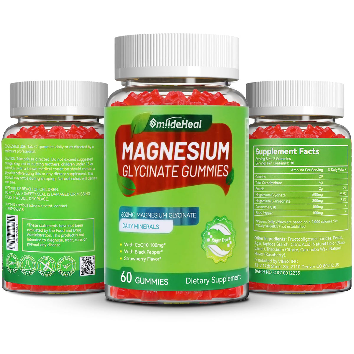 Magnesium Glycinate Gummies 600mg for Women & Men, with Magnesium L-Threonate 300mg, CoQ10 and Black Pepper, Vegan (60 Count)