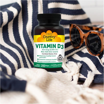 Country Life Vitamin D3 2500 IU, Non-Fish Source, 200 Softgels
