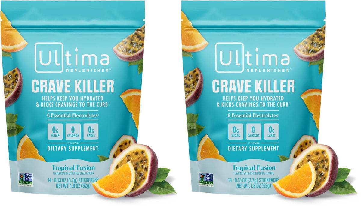 Ultima Replenisher Crave Killer Supplement, Tropical Fusion, 14 Stickpacks | Daily Zero Sugar Electrolyte Powder Hydration Packets with 6 Key Electrolytes & Chromax to Help Curb Cravings - Keto Friendly