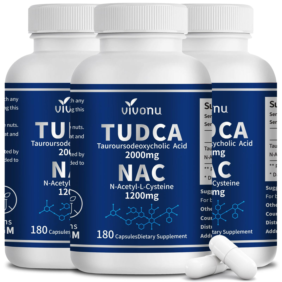 VivoNu TUDCA 675mg + NAC 375mg Supplement Complex Capsules, Powerful TUDCA Bile Salt + N Acetyl Cysteine, Antioxidant Supplements for Liver & Lung& Gallbladder Cleanse, Digestion - 180 Capsules