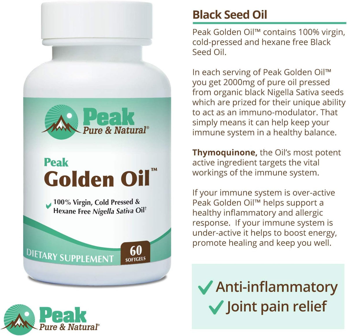 Peak Pure & Natural, Peak Golden Oil Cold Pressed Organic Black Seed Oil Supplement - Black Seed Oil for Digestive Health, Skin Nutrition, Joint Comfort - 60 Capsules