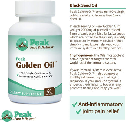 Peak Pure & Natural, Peak Golden Oil Cold Pressed Organic Black Seed Oil Supplement - Black Seed Oil for Digestive Health, Skin Nutrition, Joint Comfort - 60 Capsules