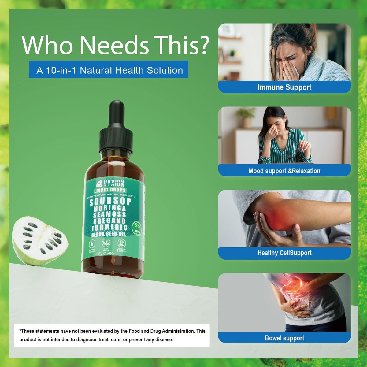 Soursop Bitters Liquid Drops 10 in 1 with Sea Moss, Moringa, Turmeric, Black Seed Oil, Oregano, Ashwagandha | Herbal Extracts for Overall Health-Enhancing |Vegan, Non-GMO| 2 Fl Oz(Mixed Berry Flavor)