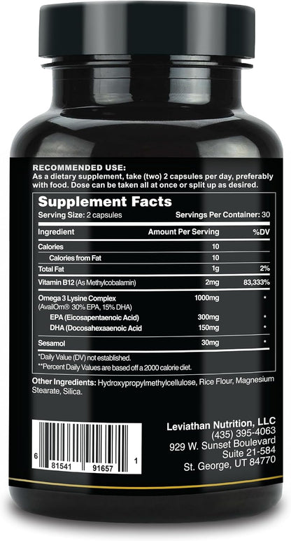Leviathan Fish Oil Omega 3 Capsules | Premium Norwegian Omega 3 Fish Oil for Heart, Brain, & Immune Support | Superior Absorption Triple Strength Fish Oil Supplements - Free Form EPA & DHA