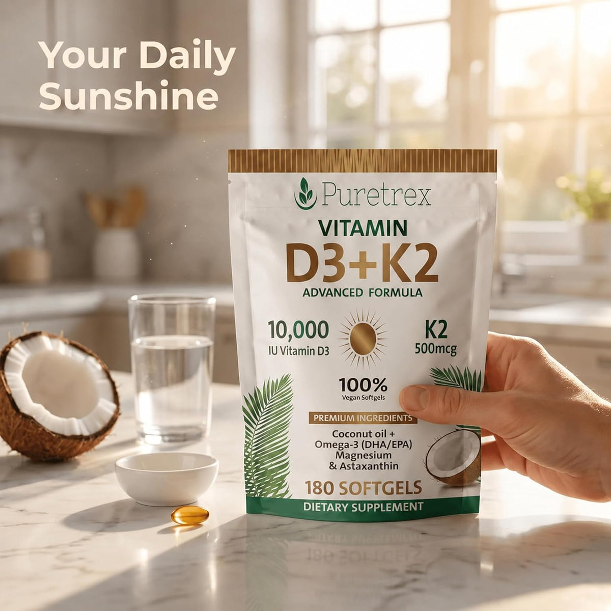Vitamin D3 K2 10000 IU with 500mcg MK7 (MK-7) - Advanced Formula Vegan Softgels, Lichen Sourced D3, Omega 3 DHA EPA, Magnesium Glycinate, Astaxanthin, Black Seed, Coconut Oil, 180 Softgels