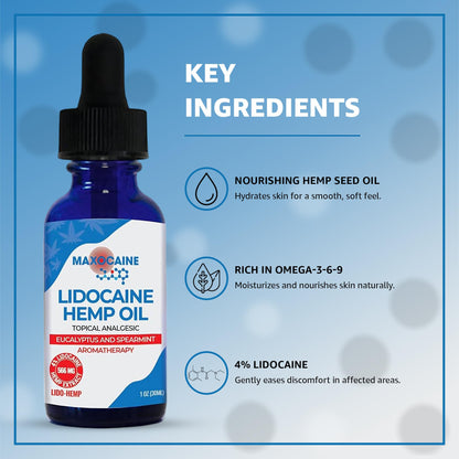 MAXOCAINE Lidocaine Hemp Oil 4% - Maximum Strength Topical Pain Relief, Fast Acting Soothing Oil for Muscle, Joint, Back & Arthritis Support, Cooling Eucalyptus & Spearmint, 1 oz (30 ml) MAXOCAINEBuy Supplements Australia