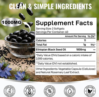 Ethiopian Black Seed Oil Softgels, 120 Count, 1000mg Cold Pressed | 4.64% Thymoquinone, Digestive & Immune Support, Non-GMO, Gluten-Free, Vegan, Black Cumin Seed Oil Softgels, 60 Day Supply