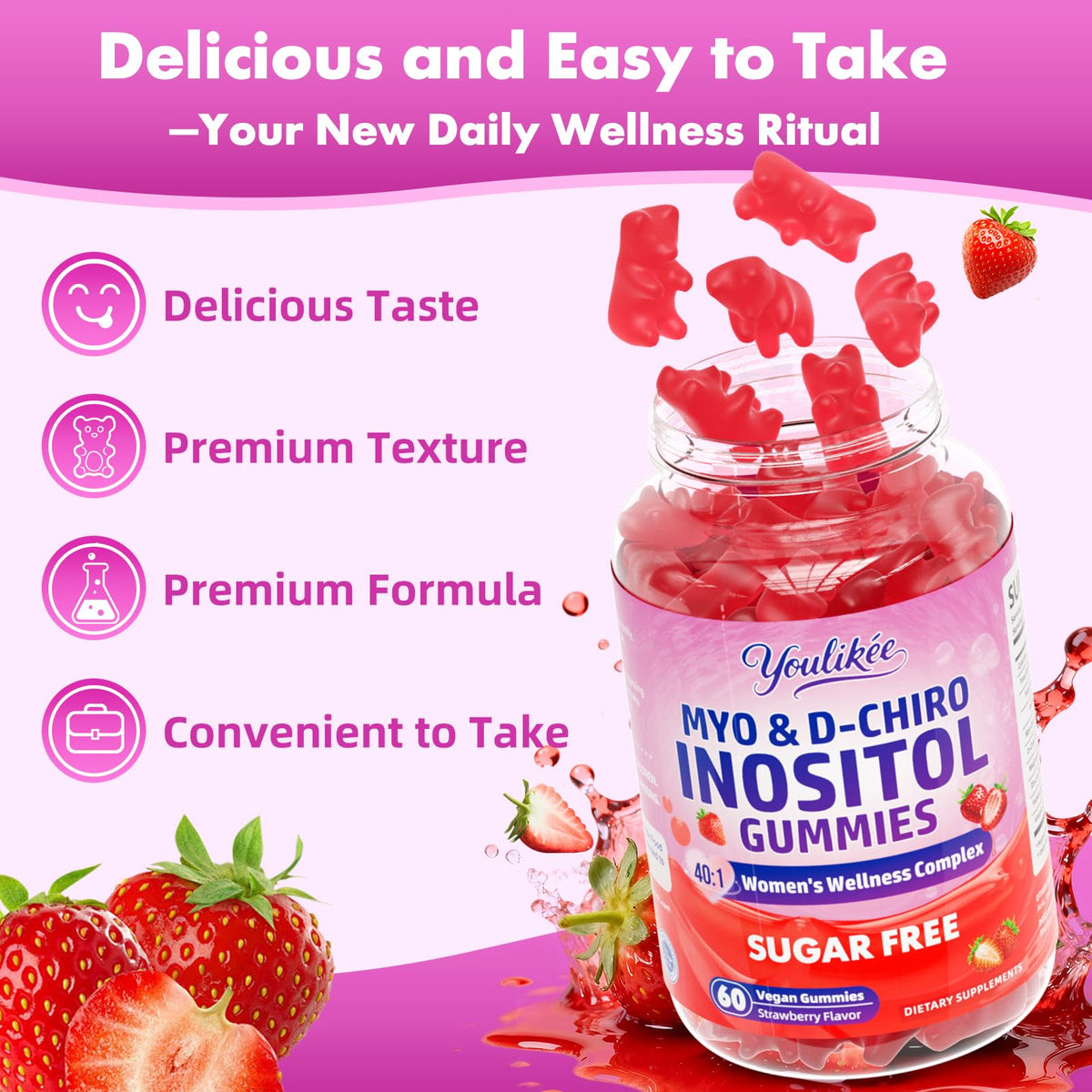 Myo-Inositol & D-Chiro Inositol Gummies for Women, Sugar-Free, 60 Count | Ideal 40:1 Ratio with Vitamin D3, Folate, Magnesium and Zinc - Support Female Health & Wellness, Strawberry Flavor