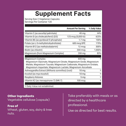Micro Ingredients Magnesium Complex for Women, 240 Veggie Capsules | 20-in-1 with Glycinate, Citrate & More + D3, K2, Methylated B Complex, Biotin, Inositol & Ashwagandha. Filler Free, Non-GMO.