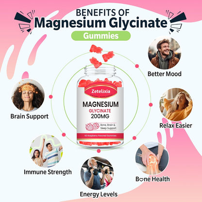 Gomitas de glicinato de magnesio de 200 MG, suplementos de glicinato de magnesio de alta absorción para relajación, sabor a frambuesa, paquete de 2, 120 unidades