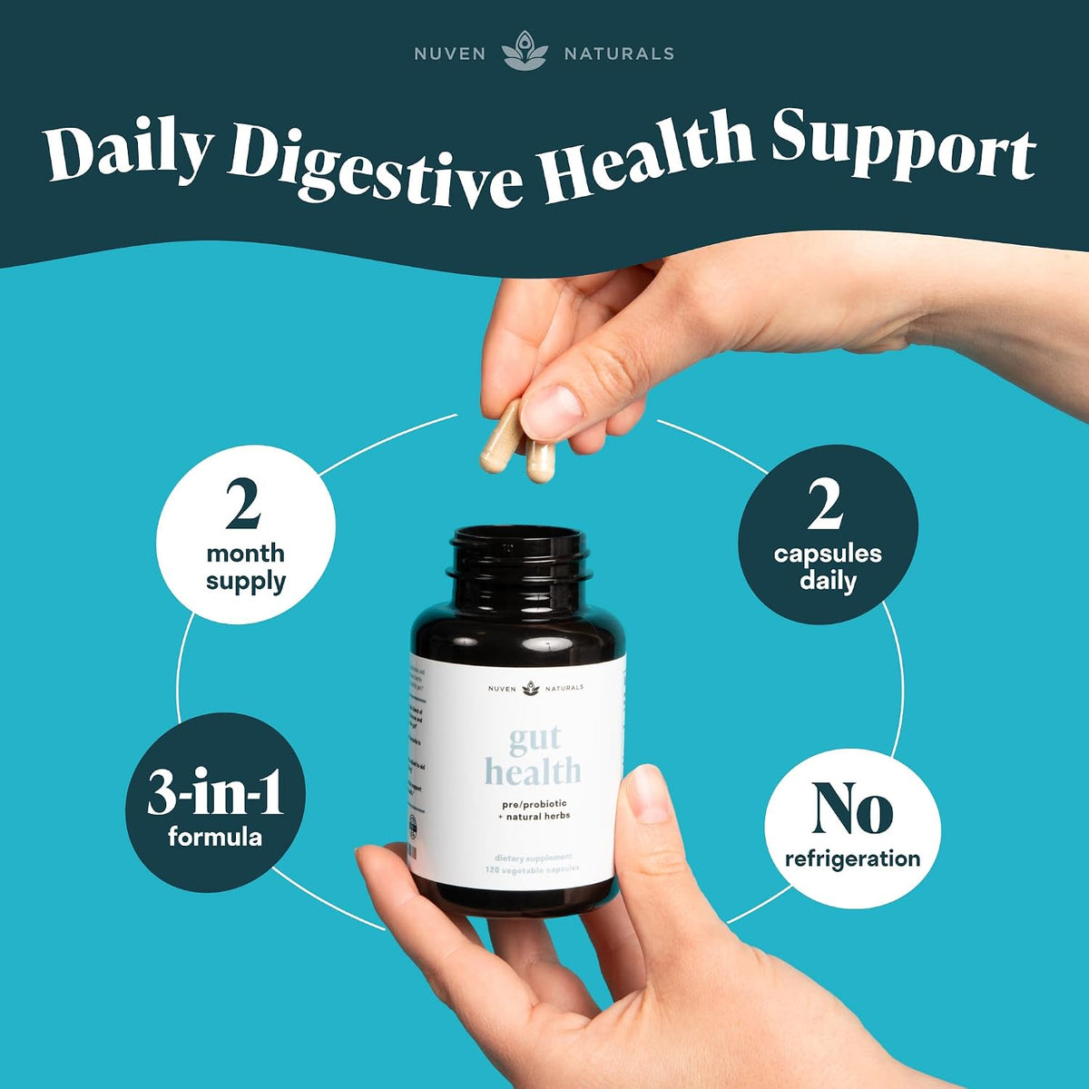 Nuven Naturals All-in-One Gut Health w/Probiotics, Prebiotics, Digestion-Supporting Herbs, and Adaptogens - Leaky Gut Repair Formula to Support Gut Lining, Aid in Digestion, and Promote Good Bacteria | Gut Health for Women & Men to Support Digestive Healt