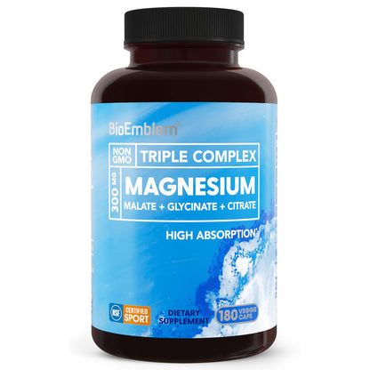BioEmblem Triple Magnesium Complex | 300mg of Magnesium Glycinate, Malate, & Citrate for Muscles, Nerves, & Energy | High Absorption | Vegan, Non-GMO (180 Capsules)