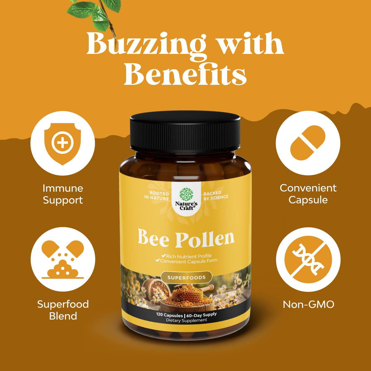 Bee Pollen Pills for Breast Growth 60 Ct - Bee Pollen Supplement 1000mg Serving with Naturally Occurring B Vitamins Minerals & Enzymes - Breast Support Supplement - Vegetarian Non-GMO & Gluten Free
