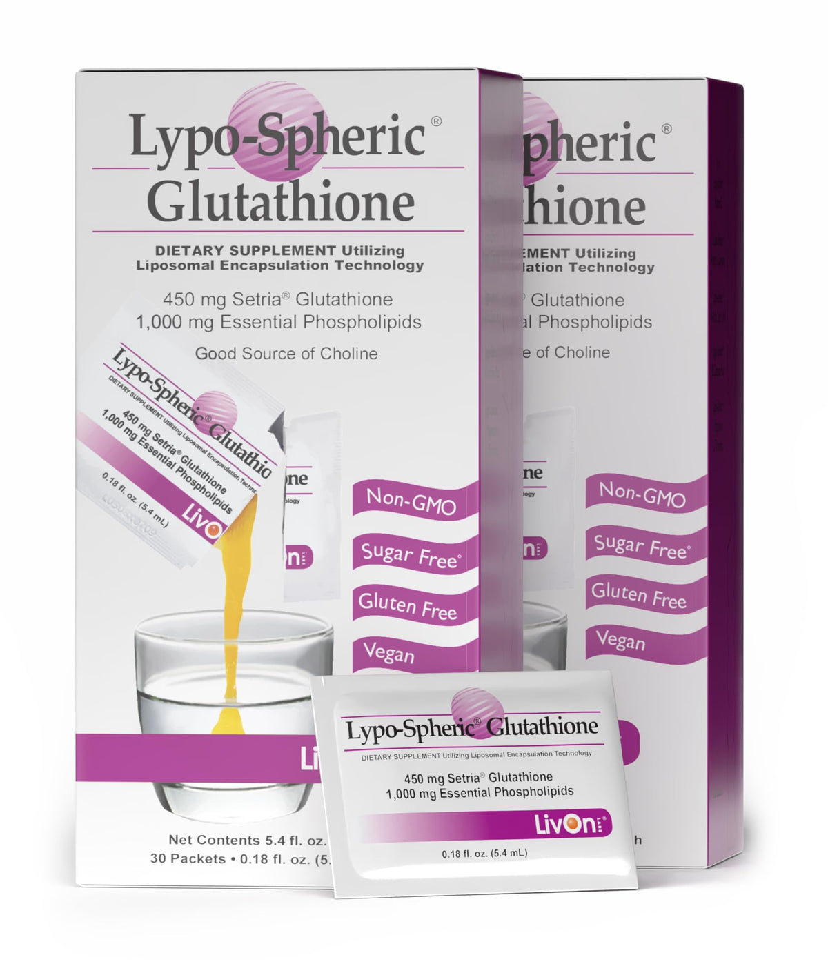 LivOn Laboratories Lypo-Spheric Glutathione - 30 Packets – 450 mg Glutathione Per Packet – Liposome Encapsulated for Maximum Bioavailability – Professionally Formulated – 100% Non-GMO