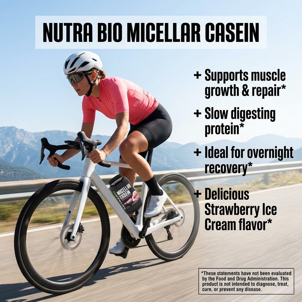 NutraBio Casein Protein Powder, Micellar Casien Powder, 25g Slow Digesting Protein, Helps Keep You Full, Overnight Muscle Recovery & Growth, BCAA & EAA, Gluten Free, Soy Free, 2lb Strawberry Ice Cream